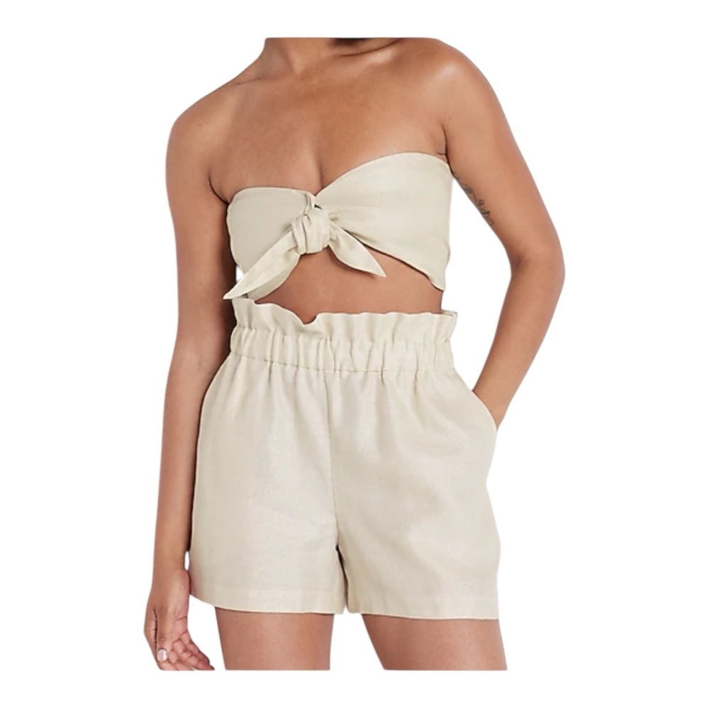 Express Sparkle Linen-Blend Tie Front‎ Bandeau Chic Strapless Top Summer, Size L